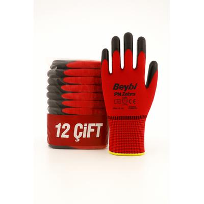 Beybi Pn Zebra Kırmızı Nitril Kaplı İş Eldiveni - 12’Li Paket | Esnek & Dayanıklı Koruma